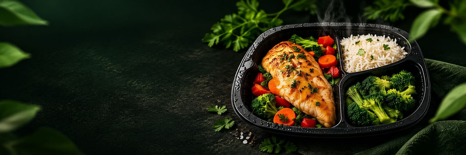 Refeição fit em marmita preta: filé grelhado, arroz, brócolis e legumes